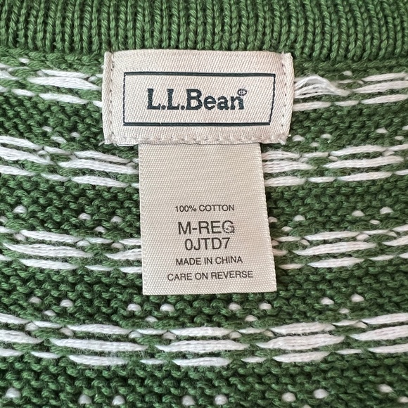 L.L. Bean Heavy Cotton Zip Cardigan Green White Faire Isle Holiday Size Medium - Picture 7 of 9